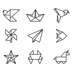 A collection of origami icons. Line-style vector illustrations. Contains shapes of birds, crabs, and more.