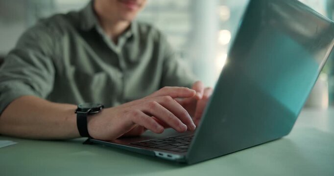 Man, hands or browse in office with laptop for email marketing, project planning or lead generation. Person, research and typing with computer for newsletter info, advertising campaign or networking.
