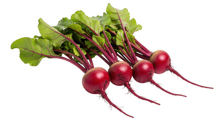 Four fresh red beets with green leaves isolated on transparent background, a vibrant and healthy addition to any meal