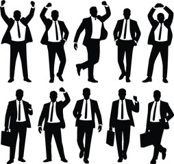Business Man Silhouettes, Corporate Success Poses, Happy Office Worker, Walking Executive, Vector Collection, Suit Professional Set