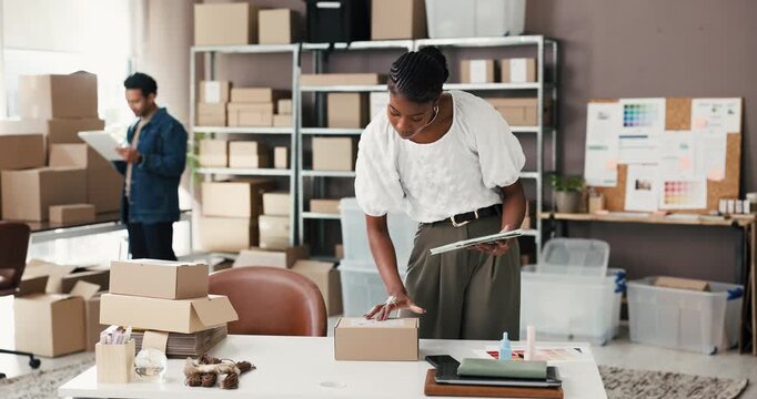 Woman, check and box for ecommerce startup of skincare product, online order and stock delivery. People, package and prepare parcel with tablet, supply chain and supplier of merchandise distribution