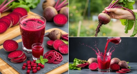 Fresh beetroot juice and sliced beets preparation for healthy eating