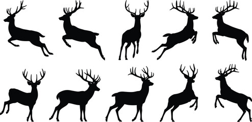 Deer silhouettes, antlers, wildlife vector, forest animal, black illustration, nature design, jumping deer, standing deer, walking deer, animal poses