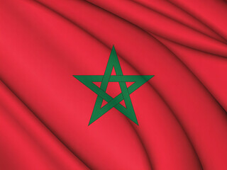 A close-up view of the national flag of Morocco, featuring a vibrant red field with a green pentagram, known as the Seal of Solomon, waving gently.
