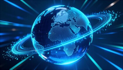 blue holographic rotating globe with particle trails, corporate tech style - Powered by Adobe