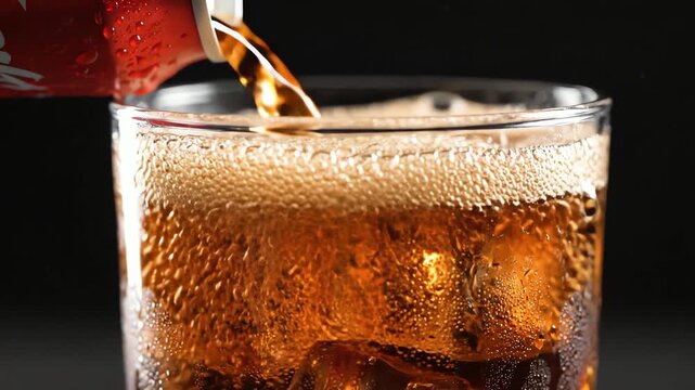 View Inside a Metal Can of Coke, Cola Pouring into a Glass with Ice Cubes, A Super Closeup and Unique Perspective.