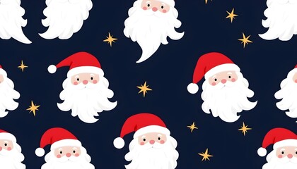 Stylish seamless santa face pattern using minimalist beard hat nose shapes with golden stars on a deep blue christmas winter background