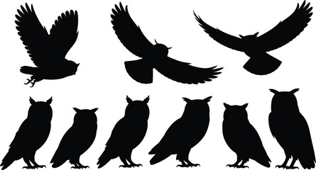 Owl Silhouettes Set, Flying Birds Vector, Night Wildlife Predators, Black Animals Collection, Wings Spread Icons, Perched Owls