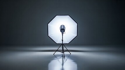 Studio lighting equipment with bright softbox on reflective floor