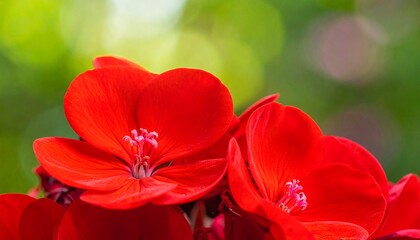 Vibrant Red Geranium Flowers Blooming with Green Bokeh Background, Close-up Macro Shot of Pelargonium in Sunlight