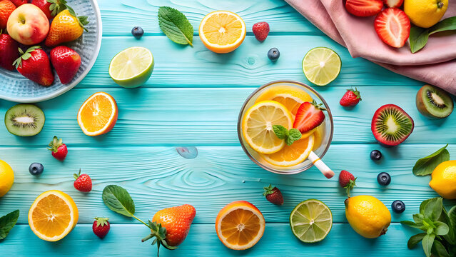 Vibrant Assortment of Fresh Fruits and Citrus Drink on Blue Wooden Surface healthy