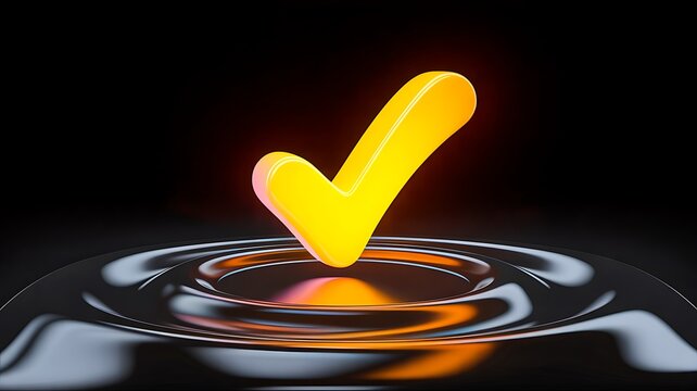 Glowing check mark symbolizing success on dark reflective background
