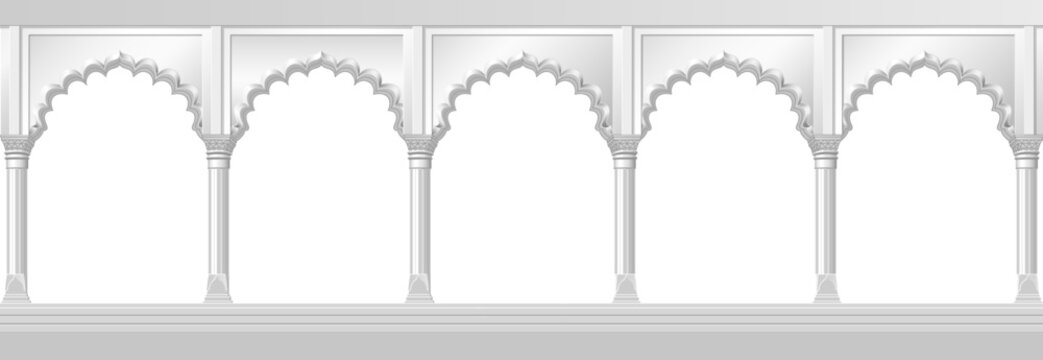 vector white cartoon indian Mughal arch illustration. Oriental style hand drawn clip art isolated on transparent background.
