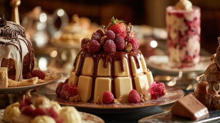 A beautifully arranged dessert table showcases a chocolate mousse cake topped with fresh raspberries. Guests enjoy a festive gathering filled with sweet treats and rich flavors.
