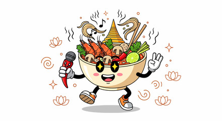 Animated bowl of delicious food singing with microphone.