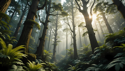 Tranquil biophilic forest canopy of tall trunks, rich ferns, and mossy textures illuminated by soft diffused sunrise light.