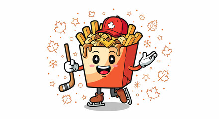 Adorable poutine cartoon mascot playing a game of ice hockey.