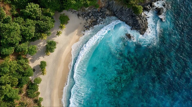 Aerial view of secluded sandy beach with turquoise ocean waves and peaceful coastline idyllic tropical summer travel and vacation background