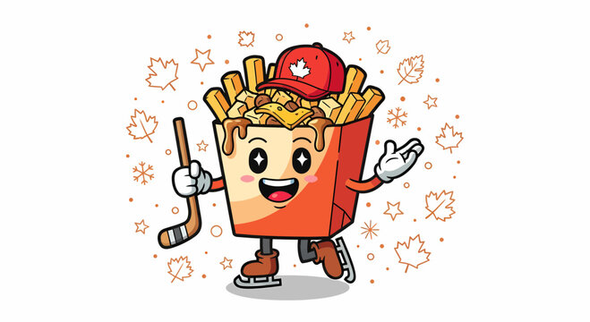 Adorable poutine cartoon mascot playing a game of ice hockey.