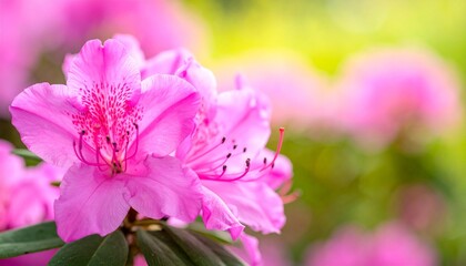 Fototapeta premium Vibrant pink rhododendron flowers in full bloom with soft green and yellow bokeh background, perfect for spring and nature themes.