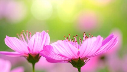 Obraz premium Close-up of vibrant pink cosmos flowers with a soft, blurred green background and bokeh lights, symbolizing nature's beauty and tranquility.