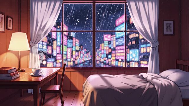 Anime Lo-Fi bedroom with night city view