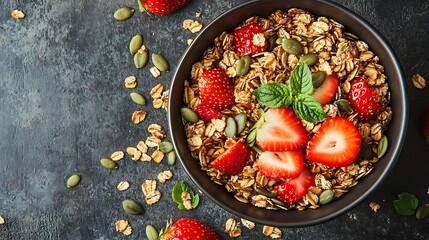 Sprinkle shelled green pumpkin seeds into granola with strawberries