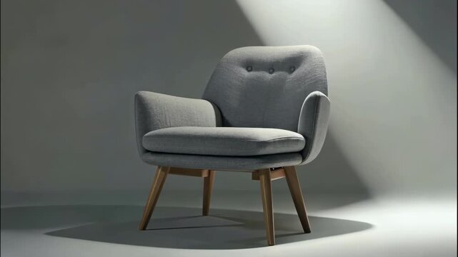 Elegant modern minimalist armchair in soft gray fabric with button detailing and sturdy wooden legs, perfect for contemporary interiors and comfort