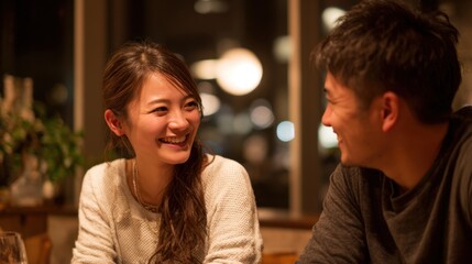 A happy couple sits across from each other at a dimly lit restaurant, engaged in a lively conversation while enjoying each other's company. The atmosphere is warm and inviting.