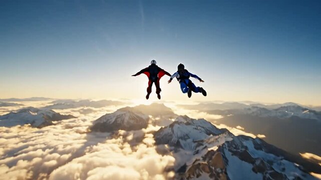 Two people in wingsuits soar above majestic snow-capped mountains at sunset