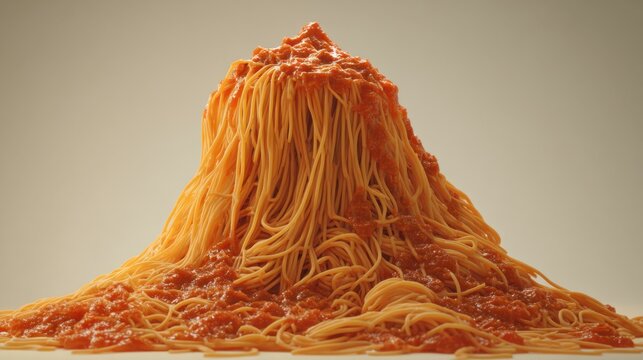 A large pile of spaghetti sits on a plain surface, resembling a mountain. The noodles are drenched in vibrant, thick tomato sauce, creating a hearty meal ready to be served.
