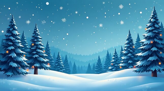 Enchanting Winter Forest Landscape at Dusk with Falling Snow and Twinkling Lights