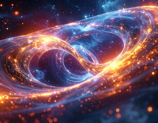 Energetic cosmic swirl of orange and blue light within a starry void