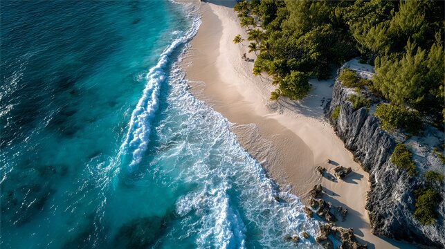 Aerial view of secluded sandy beach with turquoise ocean waves and peaceful coastline idyllic tropical summer travel and vacation background