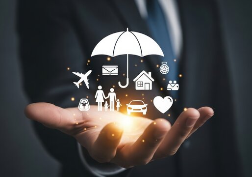 Man holding an umbrella over icons of family, car, house, airplane, heart, and mail, symbolizing insurance