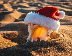 Obraz premium Close-Up of a Perfectly Formed Seashell Wearing a Christmas Hat