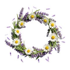Obraz premium A wreath of lavender and daisies isolated on transparent background