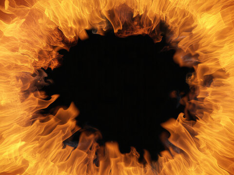 A vibrant circular frame of intense orange and yellow flames surrounding a dark, empty void, creating a fiery portal effect.