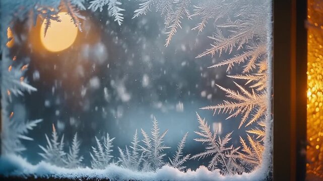 Close-up view through frosty frozen window pane, delicate ice crystals and soft snow falling outside, cold winter atmosphere background.