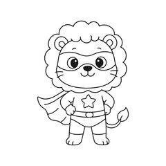 Fototapeta premium Cute lion superhero coloring page for kids