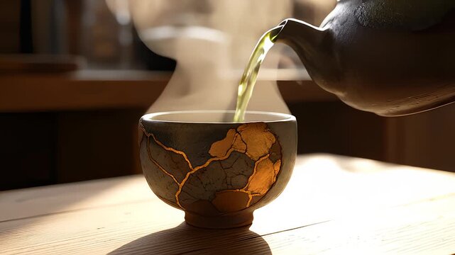 Teapot Pours Green Tea Into a Kintsugi Cup on Wooden Table