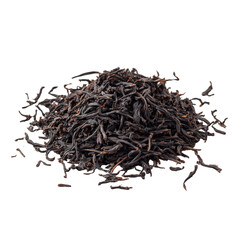 Pile of dark, dried tea leaves against a pure black background. Fine detail visible