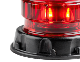 Close-up of a red, rotating beacon atop a black, textured base