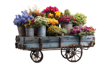 A rustic blue cart overflows with assorted vibrant flowers in metal buckets, set against black