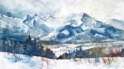 Majestic snowy mountain landscape in watercolor with winter trees and clouds