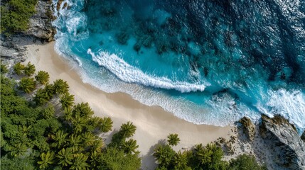 Aerial view of secluded sandy beach with turquoise ocean waves and peaceful coastline idyllic tropical summer travel and vacation background