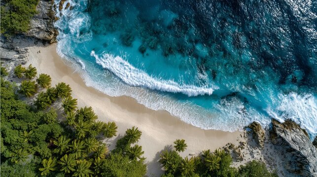 Aerial view of secluded sandy beach with turquoise ocean waves and peaceful coastline idyllic tropical summer travel and vacation background