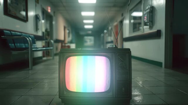Retro television displaying technical difficulties in a dimly lit hallway of a public building