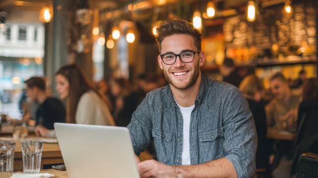 A young man with glasses smiles while working on his laptop in a bustling cafe. People enjoy their drinks and conversations around him, creating a vibrant atmosphere. - Powered by Adobe