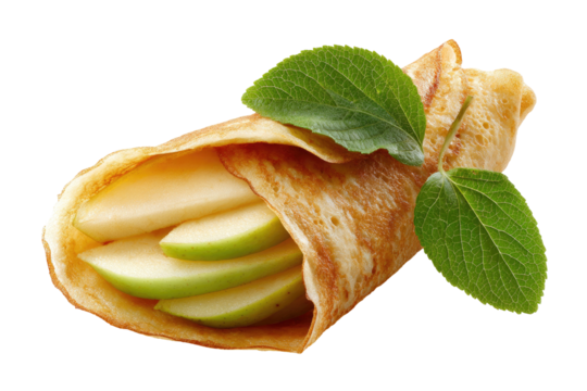 A rolled crepe filled with sliced green apple and adorned with leafy sprigs